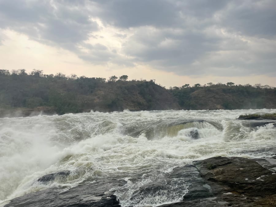 The Nile forced through the rock shelf below the falls